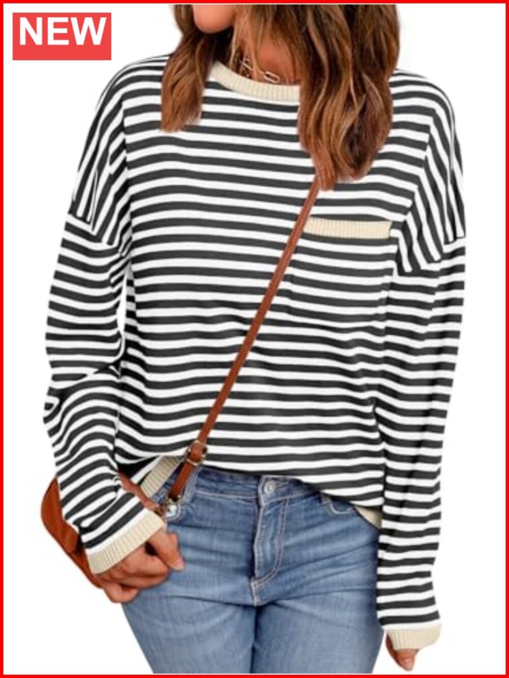 Oversized Crew Neck Cotton Striped Pullover Lightweight Long Sleeve Knit Sweater